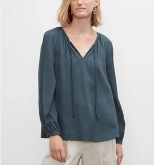 Club Monaco Womens M Green Viscose Tie Neck Long Sleeve Swing Blouse Luxe